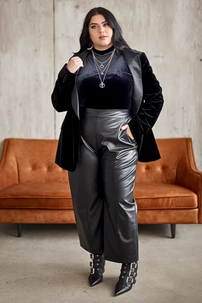 Plus Size Witchy Velvet Bodysuit and Leather Pants Fall Outfit