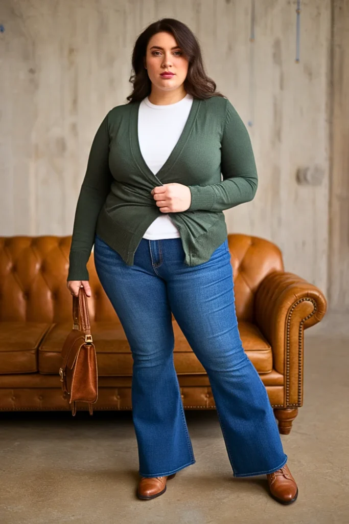 Plus Size Wrap Cardigan and Button-Fly Flare Jeans Fall Outfit