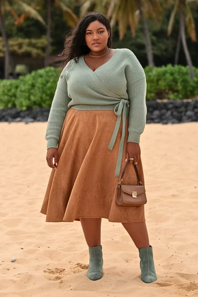 Plus Size Wrap Sweater with Midi Skirt Fall Outfit