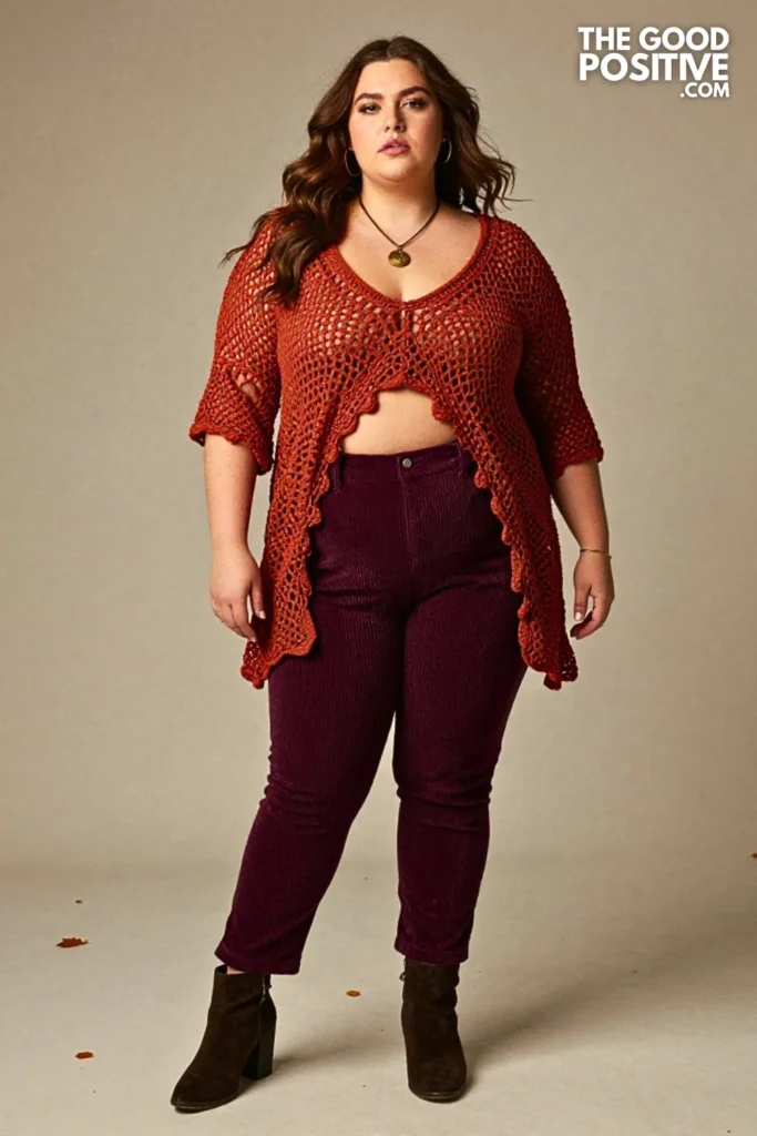 Rust Crochet Tunic with Plum Corduroy Flares