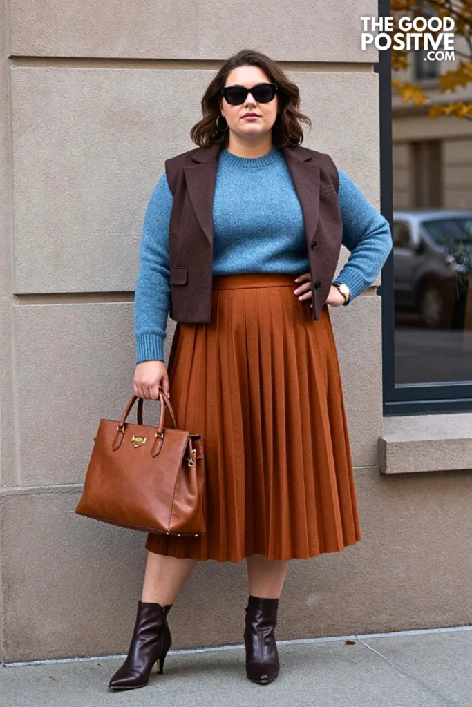 Rust Pleated Midi Skirt, Smoke-Blue Knit & Espresso Jacket