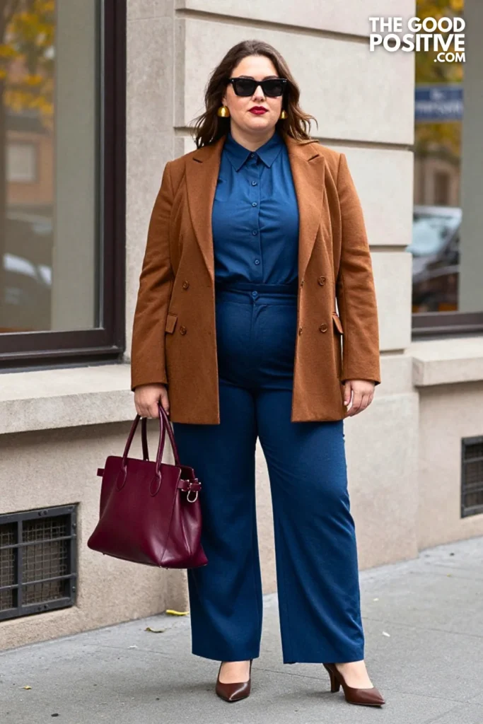 Smoky-Blue Pleated Trousers, Cinnamon Blouse & Brown Jacket