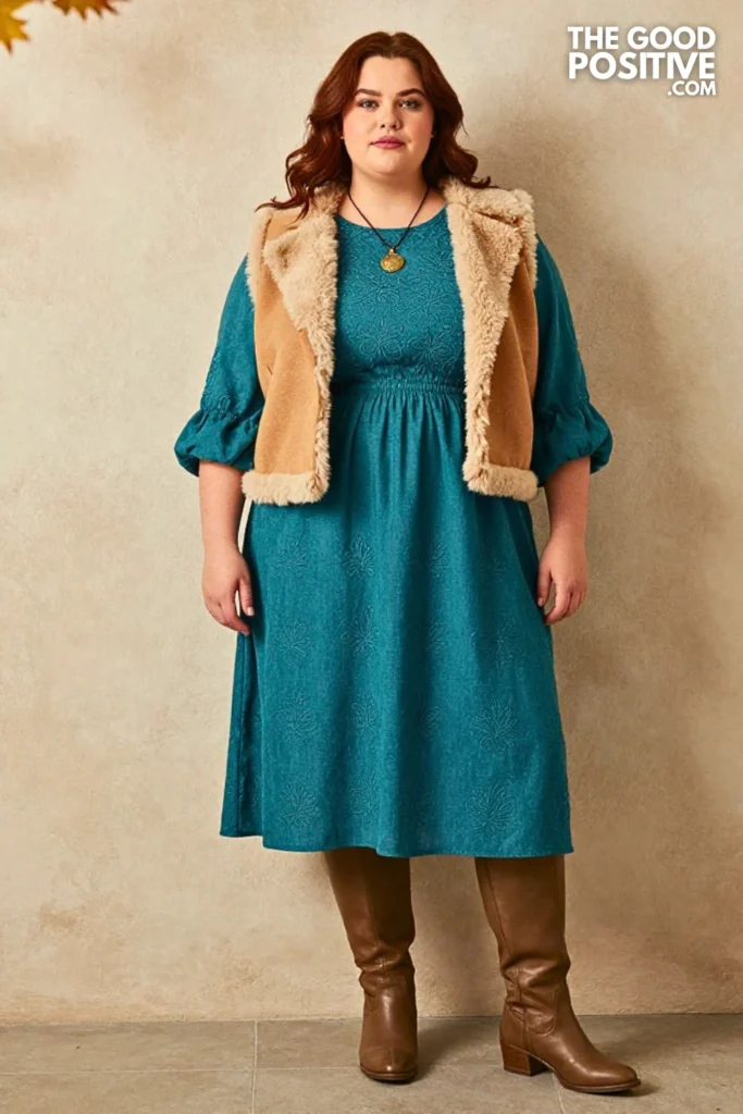 Teal Embroidered Dress with Shearling Vest