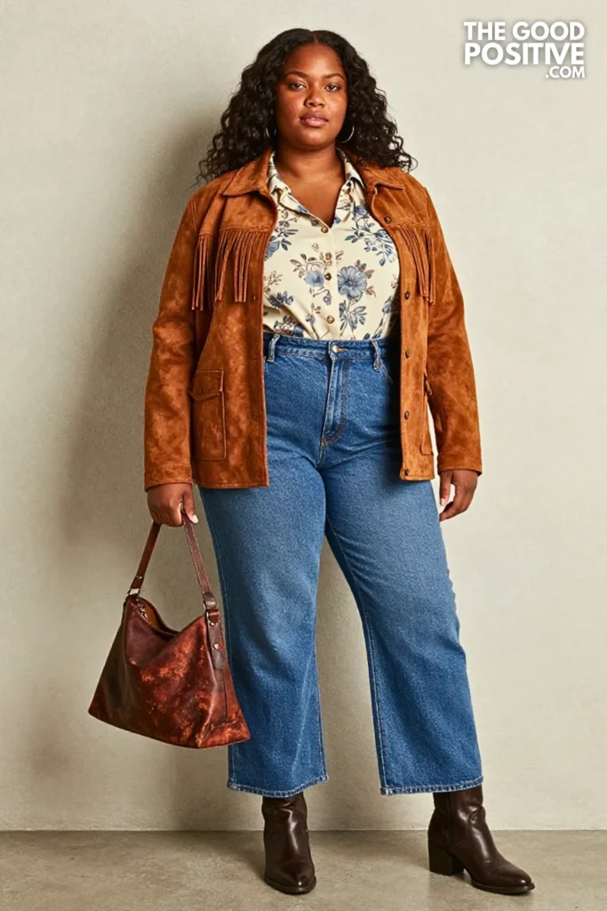 Tobacco Fringe Jacket with Slate Blue Wide-Leg Denim