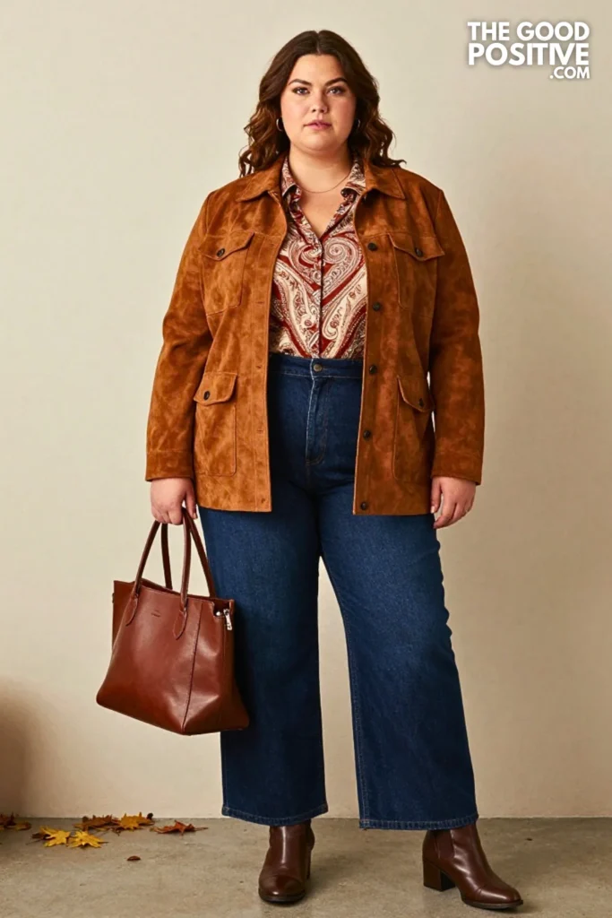 Tobacco Suede Jacket, Paisley Blouse and Indigo Flares