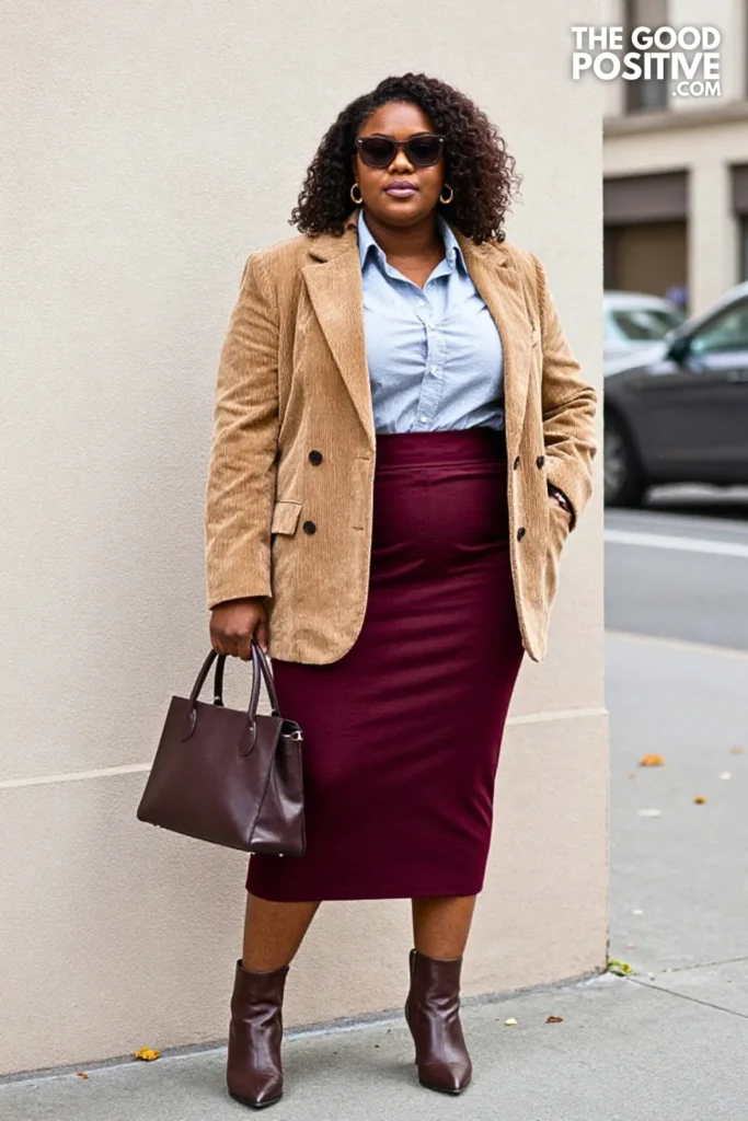 Walnut Corduroy Blazer, Blue-Gray Shirt & Merlot Midi Skirt