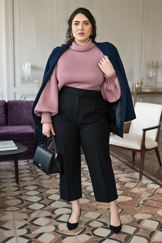Plus Size Balloon Sleeve Sweater and Cropped Trousers Winter Outfit