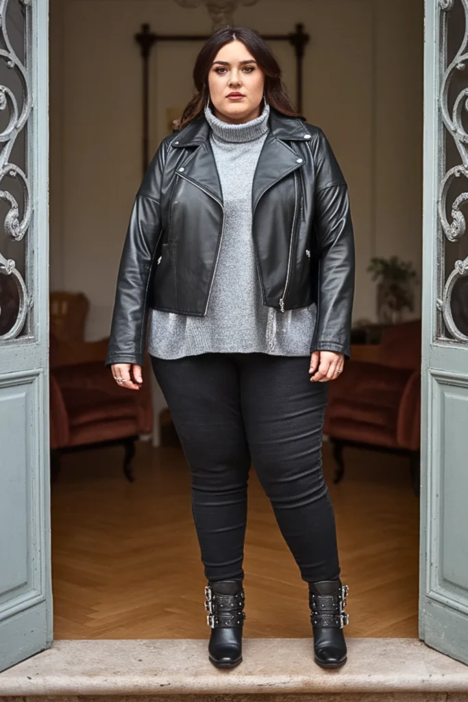 Plus Size Black Leather Moto Jacket Winter Outfit