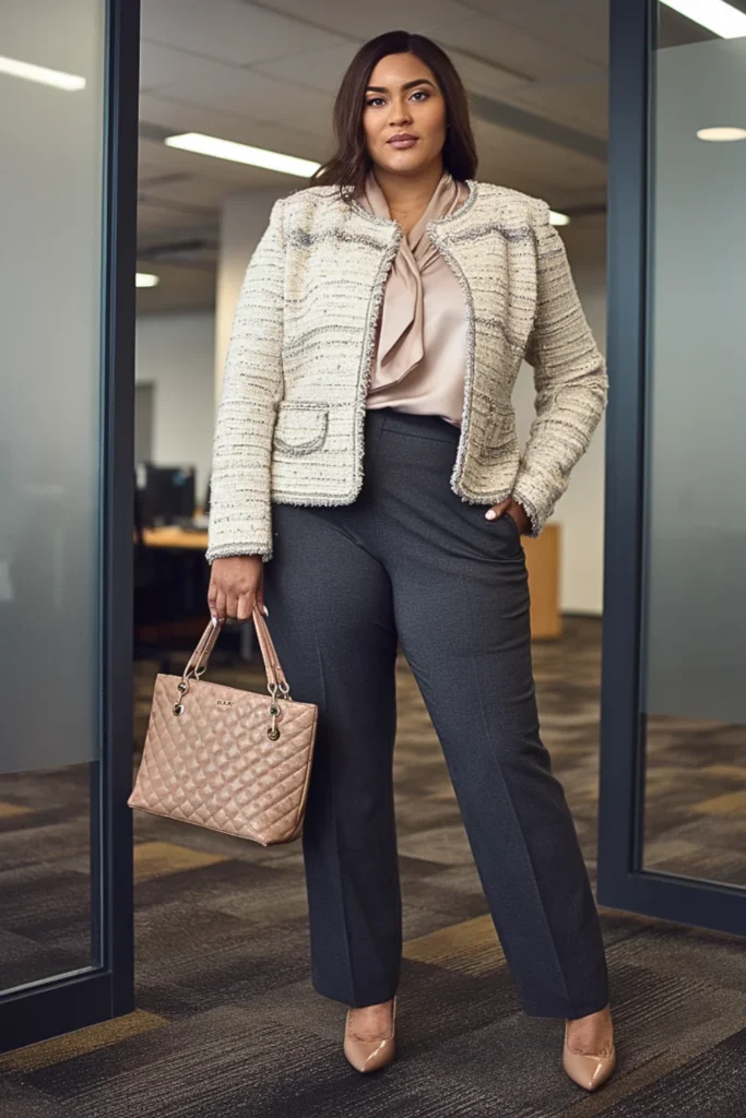 Plus Size Bouclé Jacket Winter Work Outfit