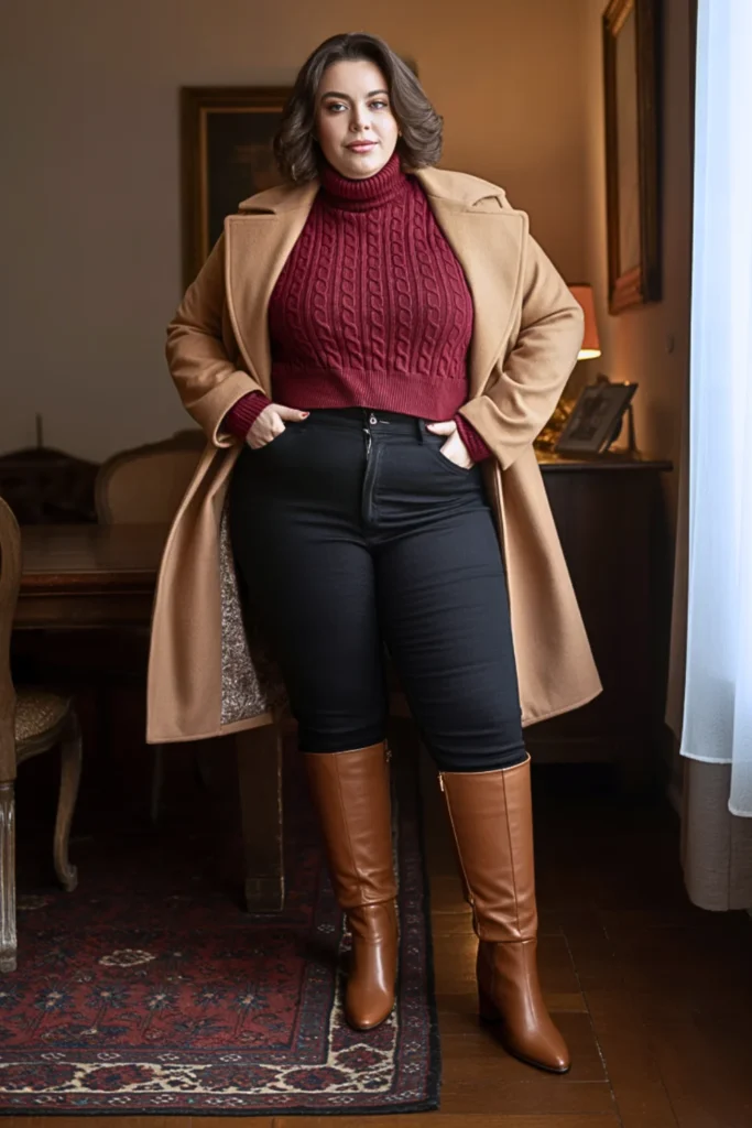 Plus Size Burgundy Cable Knit Turtleneck Winter Outfit