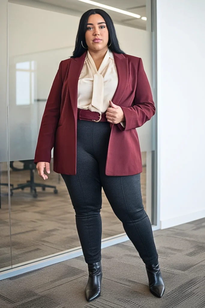 Plus Size Burgundy Turtleneck Blazer Winter Outfit
