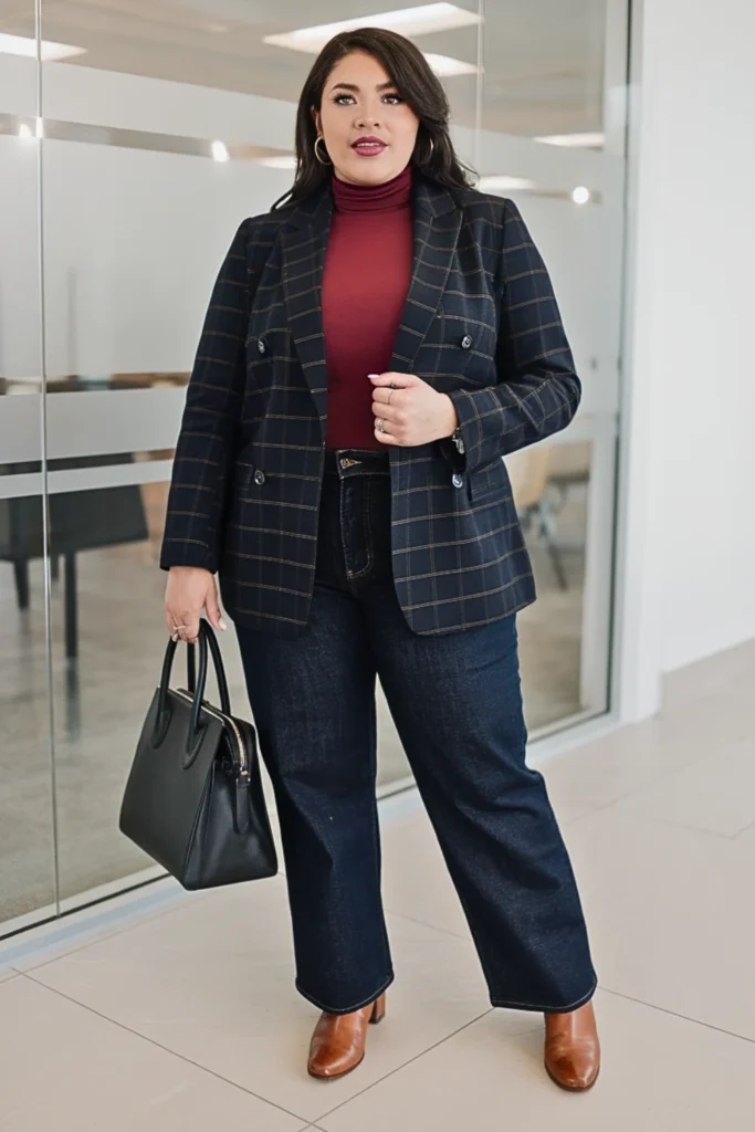 Plus Size Burgundy Turtleneck and Plaid Blazer Winter Outfit