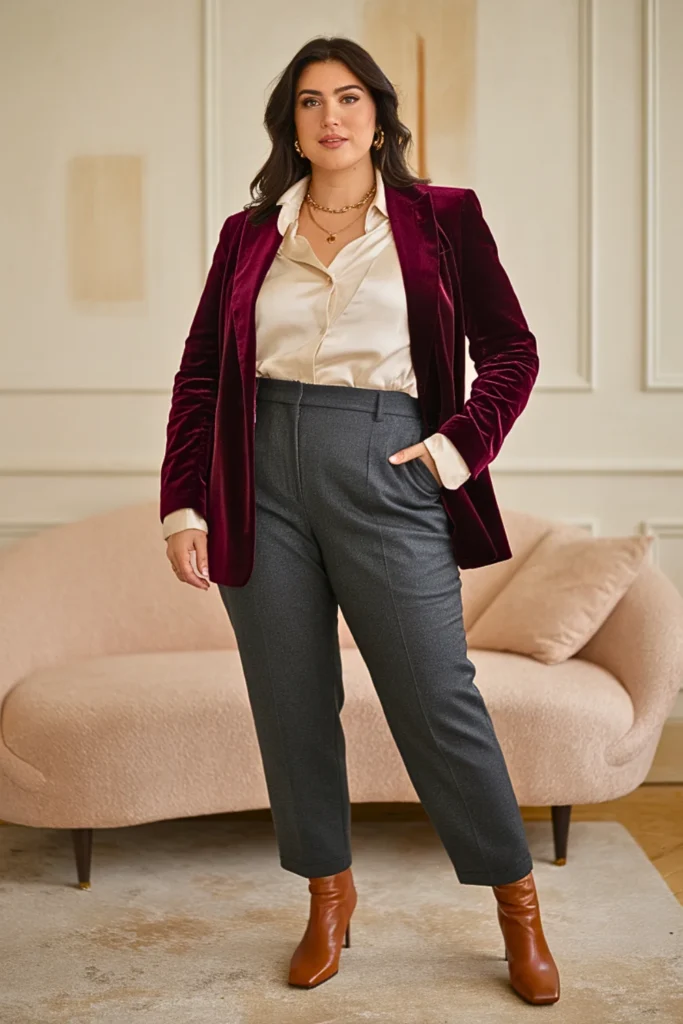 Plus Size Burgundy Velvet Blazer Professional Winter Outfit