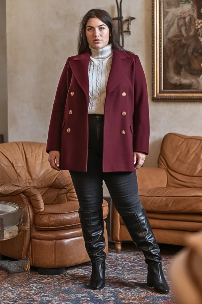 Plus Size Burgundy Wool Blend Peacoat Winter Outfit