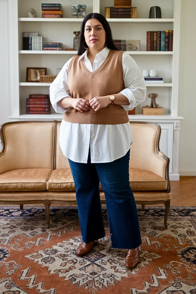Plus Size Button-Down Shirt Sweater Vest Winter Outfit
