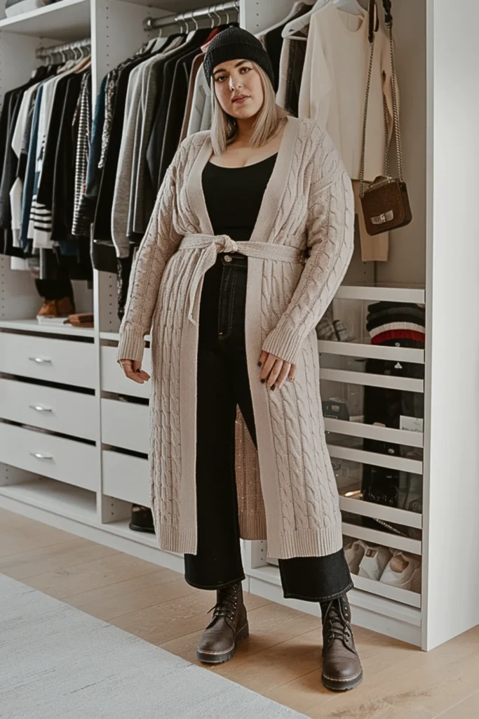 Plus Size Cable Knit Cardigan Winter Outfit