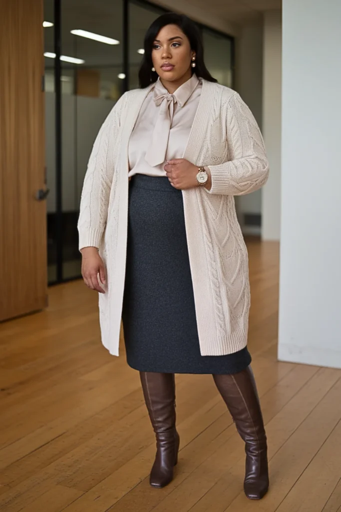 Plus Size Cable Knit Cardigan and Midi Skirt Winter Outfit