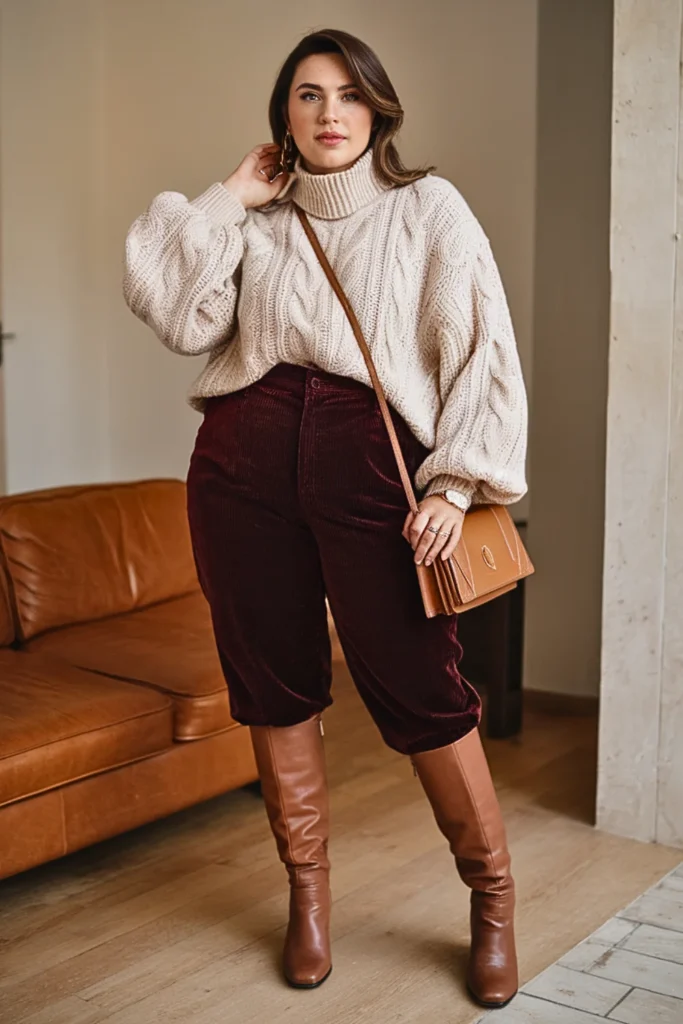 Plus Size Cable Knit Sweater and High-Waisted Corduroy Winter Outfit
