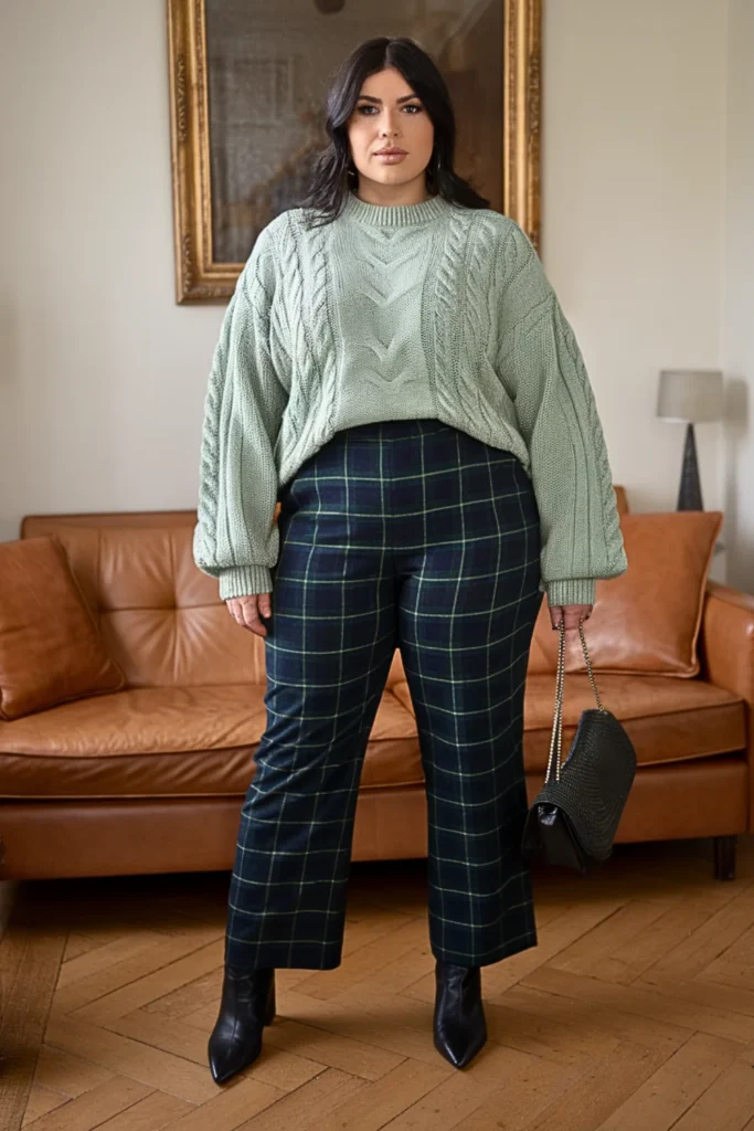 Plus Size Cable Knit Sweater and Plaid Straight Leg Pants Winter Outfit