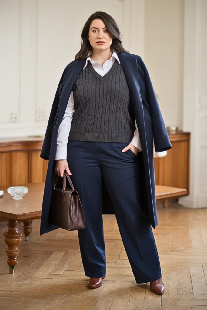 Plus Size Cable Knit Vest and Button Front Shirt Winter Outfit
