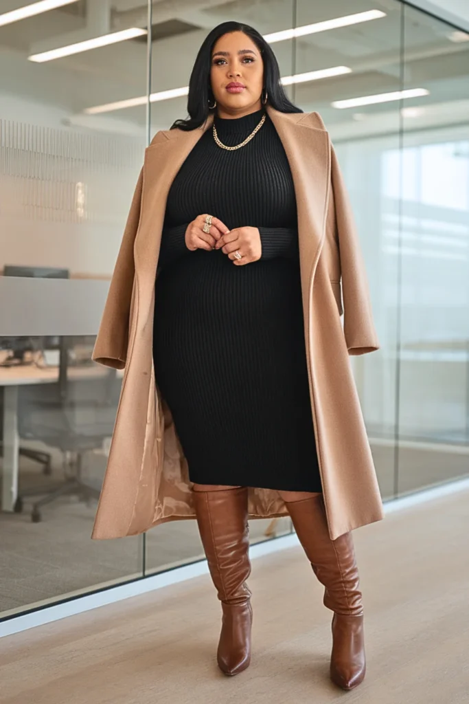 Plus Size Camel Coat Sweater Dress Winter Outfit