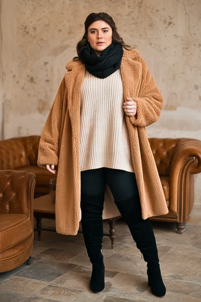 Plus Size Camel Teddy Coat Winter Outfit