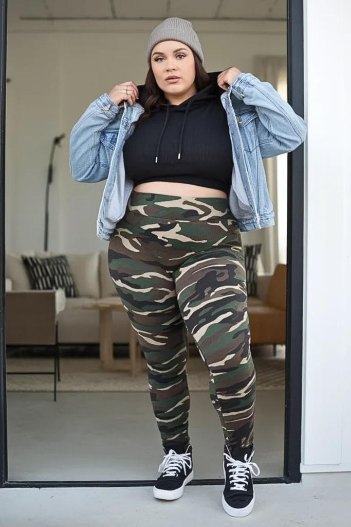 Plus Size Camo Pants Cropped Hoodie Winter Outfit