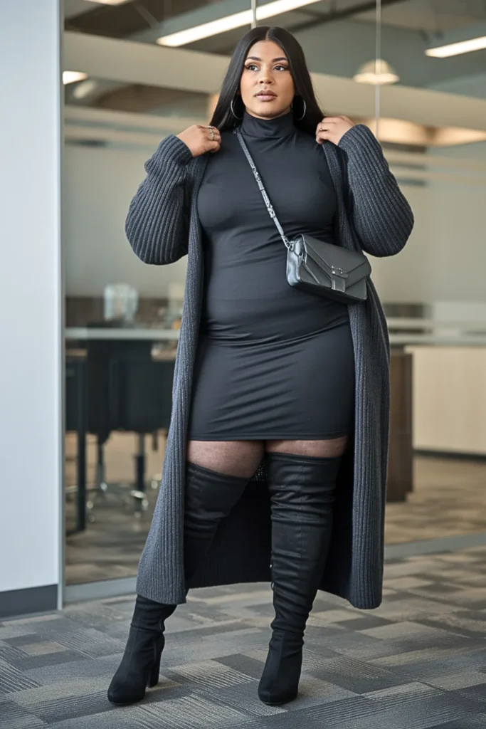 Plus Size Cardigan Coat and Turtleneck Dress Winter Outfit