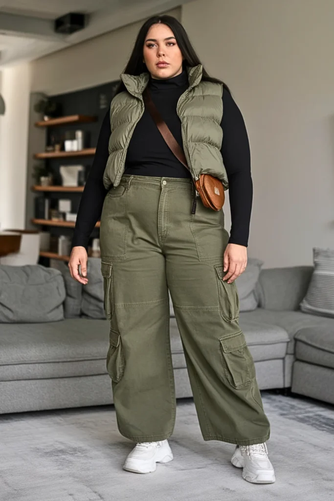 Plus Size Cargo Pants Puffer Vest Winter Outfit