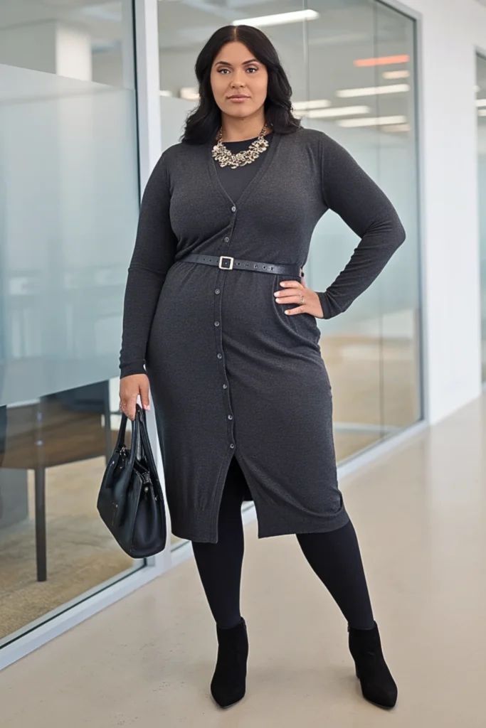 Plus Size Charcoal Cardigan Dress Winter Outfit