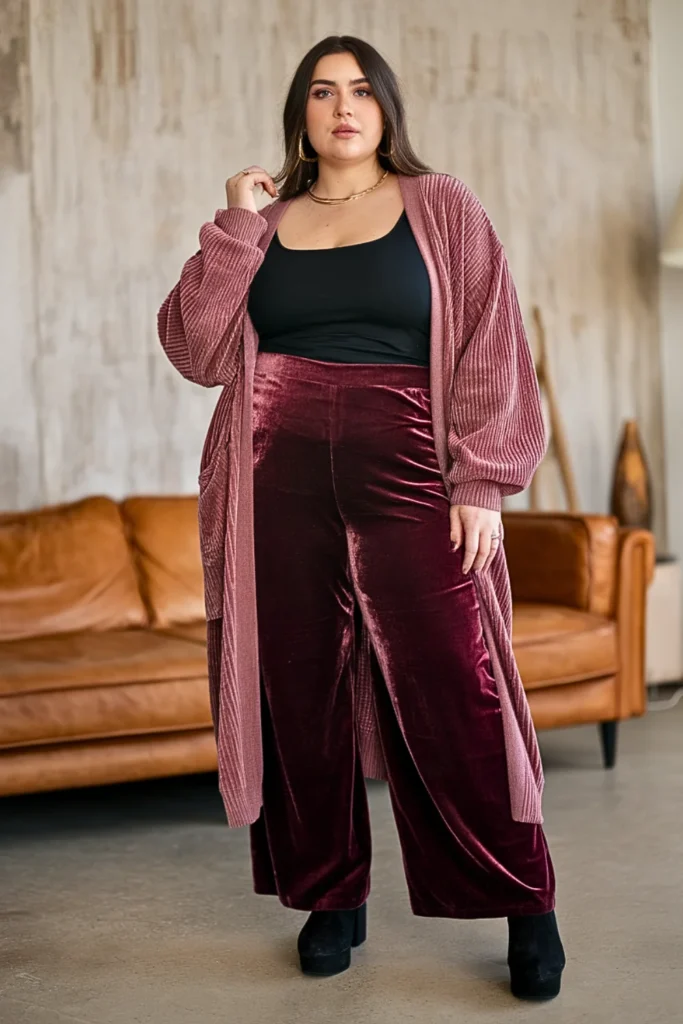 Plus Size Chenille Cardigan and Velvet Wide Leg Pants Winter Outfit