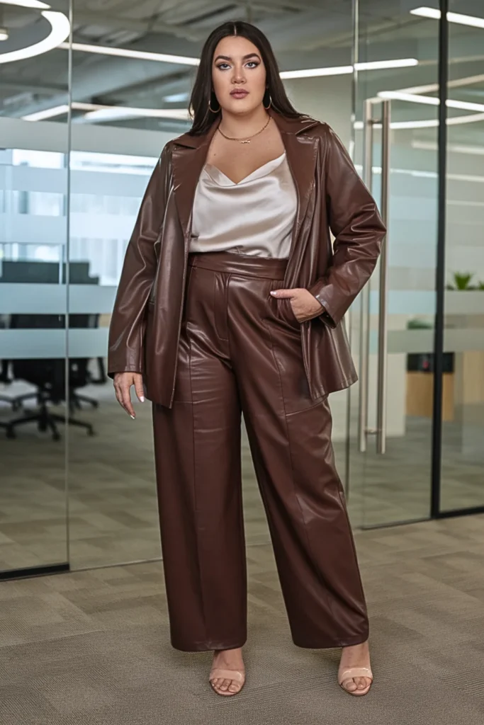 Plus Size Chocolate Brown Leather Jacket Winter Outfit