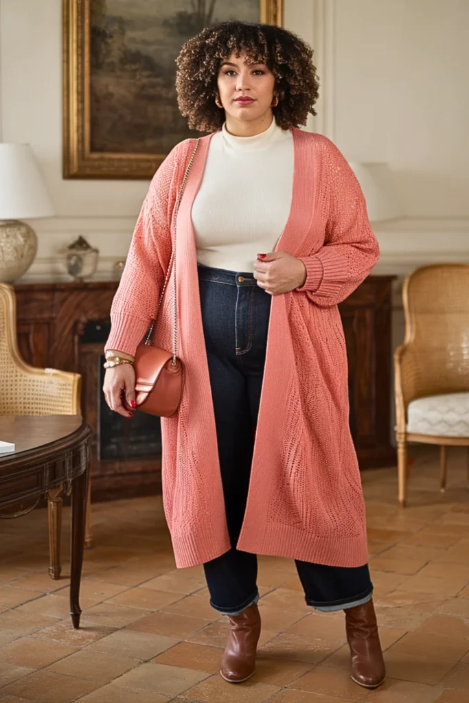 Plus Size Coral Pink Cardigan Winter Coffee Date Outfit