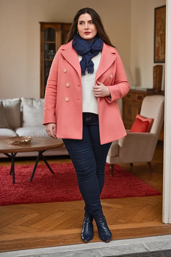 Plus Size Coral Pink Wool Peacoat Winter Outfit