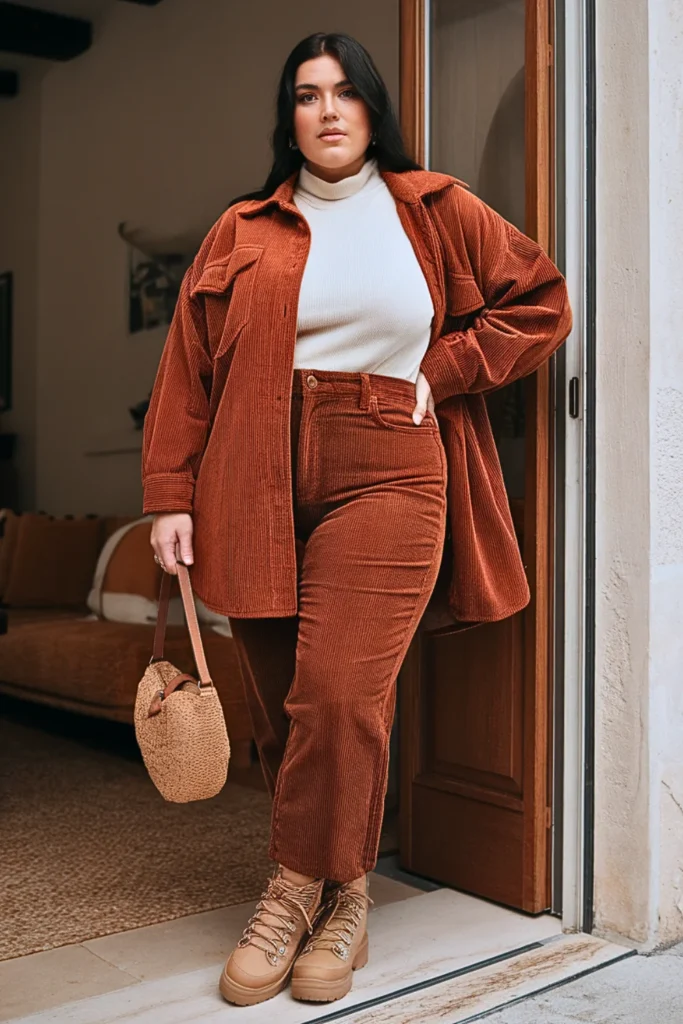 Plus Size Corduroy Shacket Layered Winter Outfit