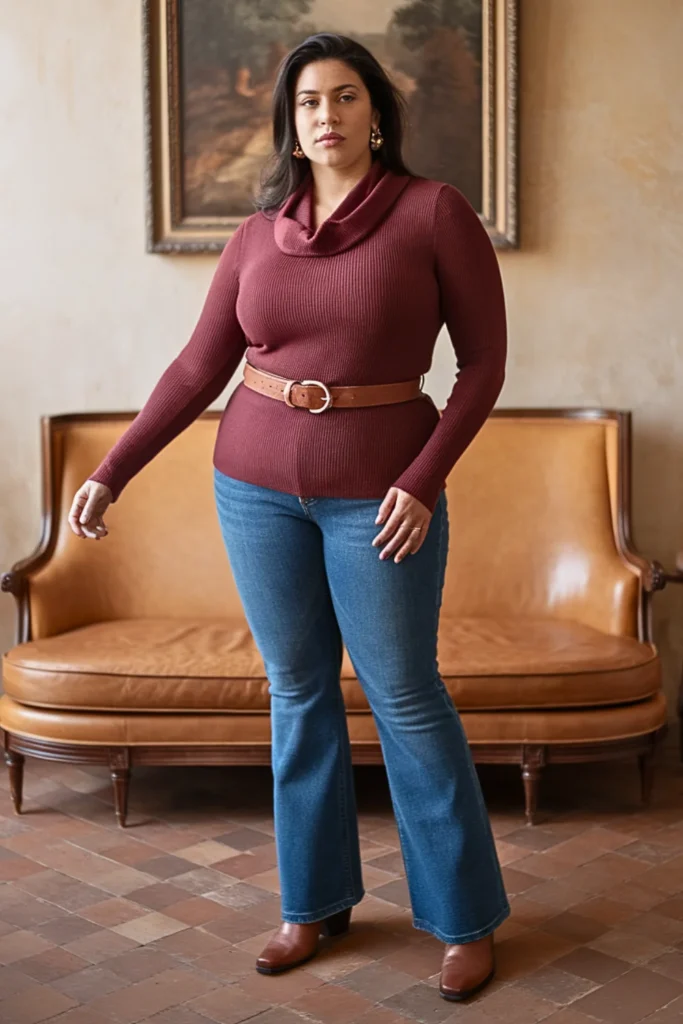 Plus Size Cowl Neck Sweater Bootcut Jeans Winter Outfit