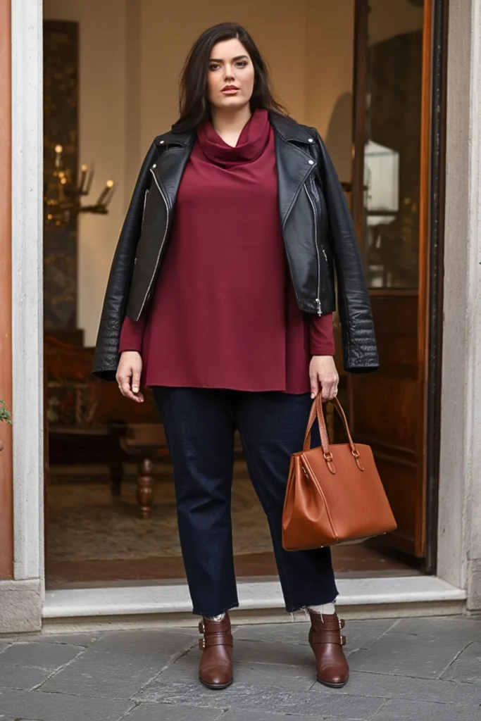 Plus Size Cowl Neck Tunic and Straight Leg Jeans Winter Outfit