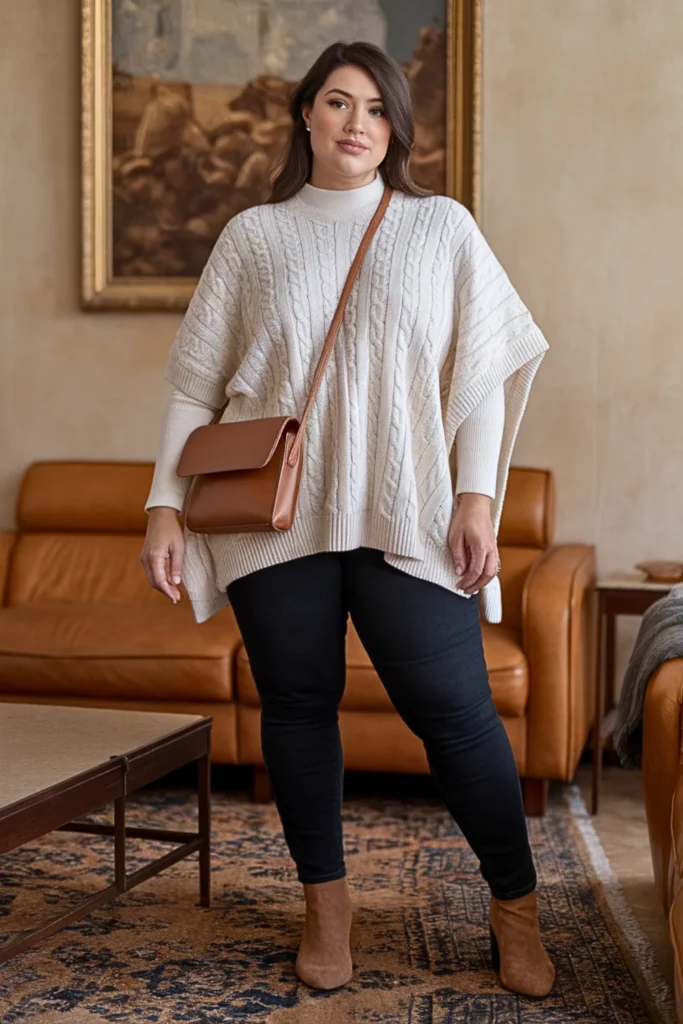 Plus Size Cream Cable Knit Poncho Winter Outfit