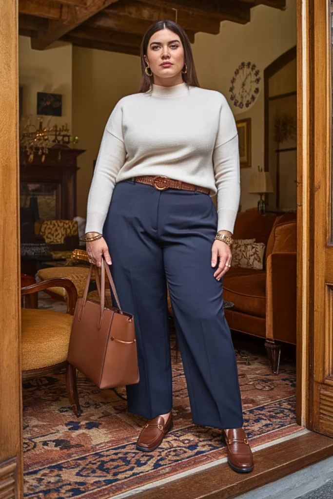 Plus Size Cream Cashmere Sweater Winter Meeting Outfit