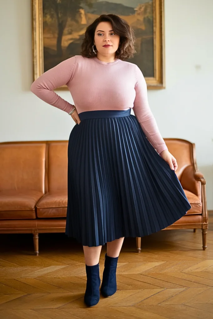 Plus Size Crew Neck Sweater Pleated Skirt Winter Outfit
