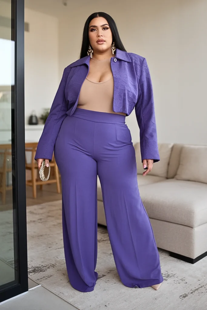 Plus Size Cropped Jacket Wide Pants Winter Outfit