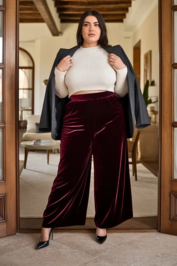 Plus Size Cropped Sweater and High Waisted Palazzo Pants Winter Outfit