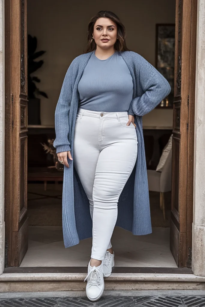 Plus Size Dusty Blue Cardigan Coat Winter Outfit