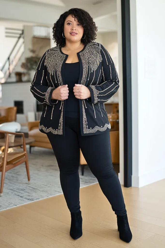 Plus Size Embellished Jacket Leggings Winter Outfit