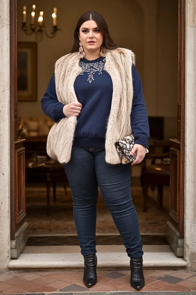 Plus Size Embellished Sweater and Dark Denim Jeans Winter Outfit