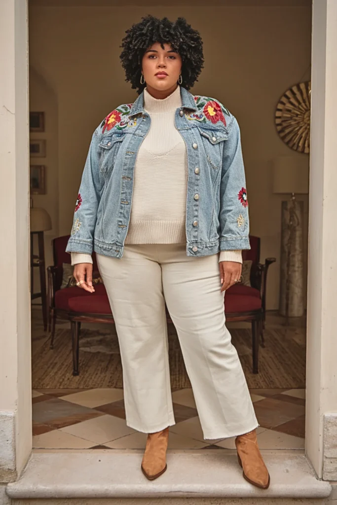 Plus Size Embroidered Denim Jacket Winter Outfit