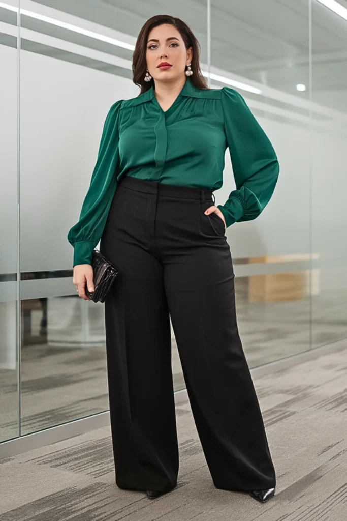 Plus Size Emerald Green Blouse Trouser Winter Outfit