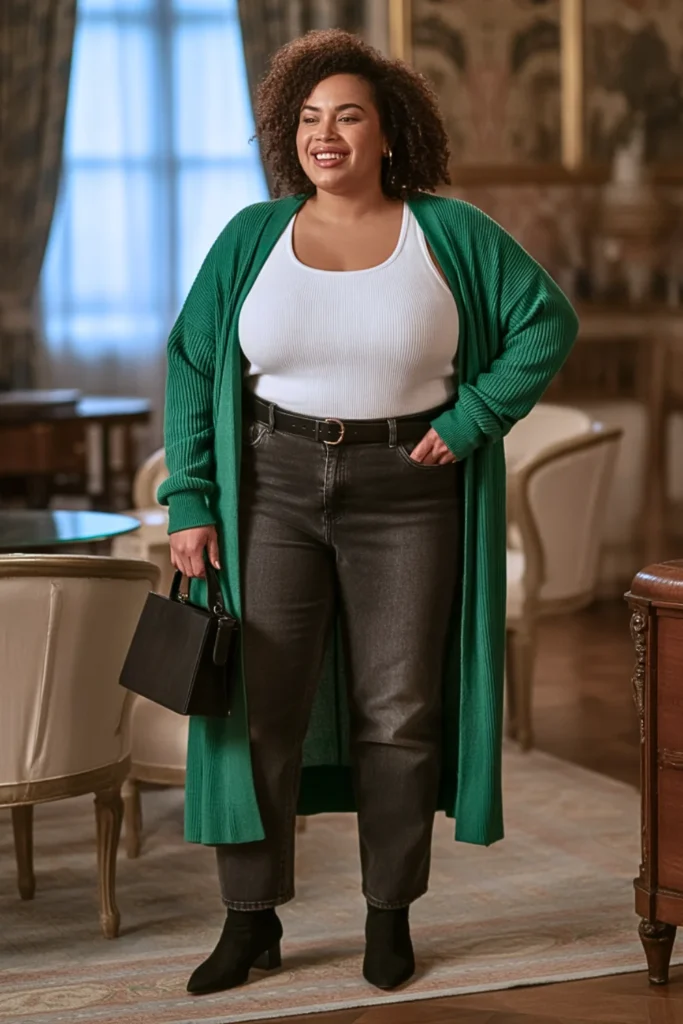 Plus Size Emerald Green Cardigan Duster Winter Outfit