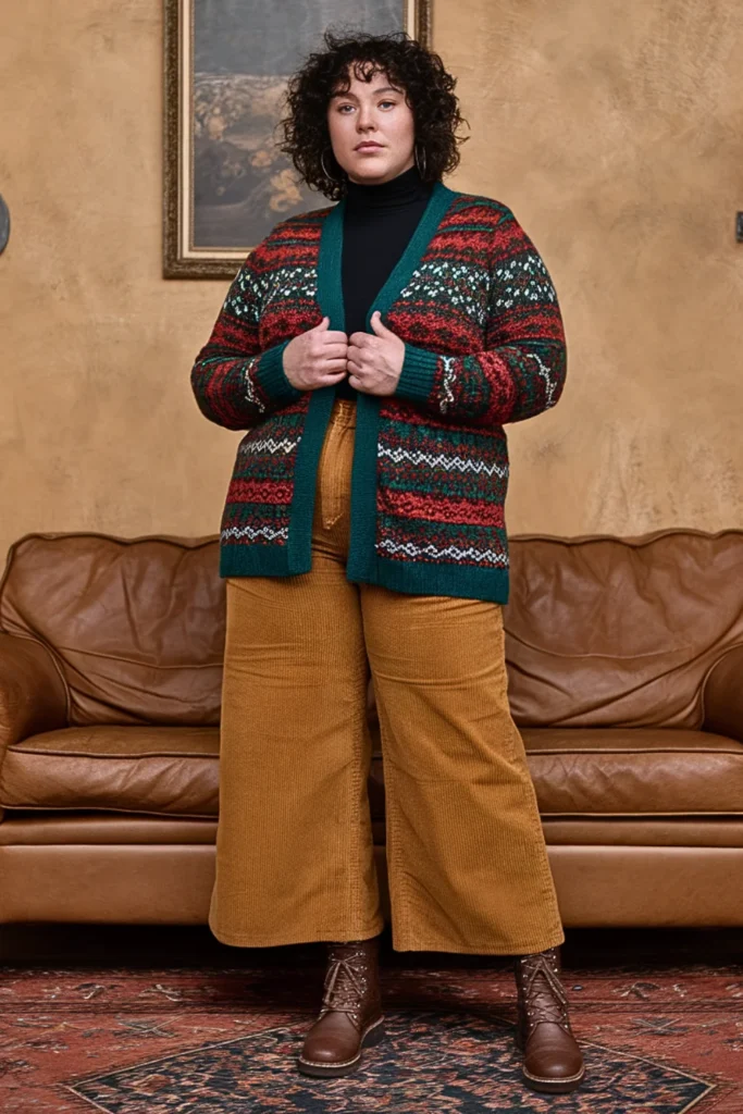 Plus Size Fair Isle Cardigan and Corduroy Pants Winter Outfit
