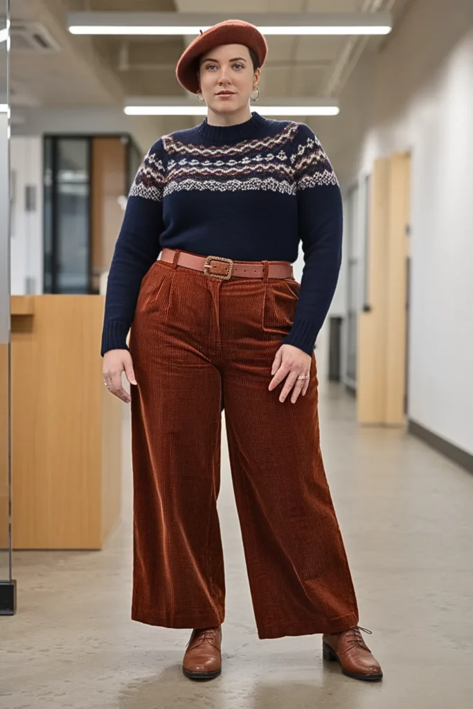Plus Size Fair Isle Sweater and Corduroy Pants Winter Outfit
